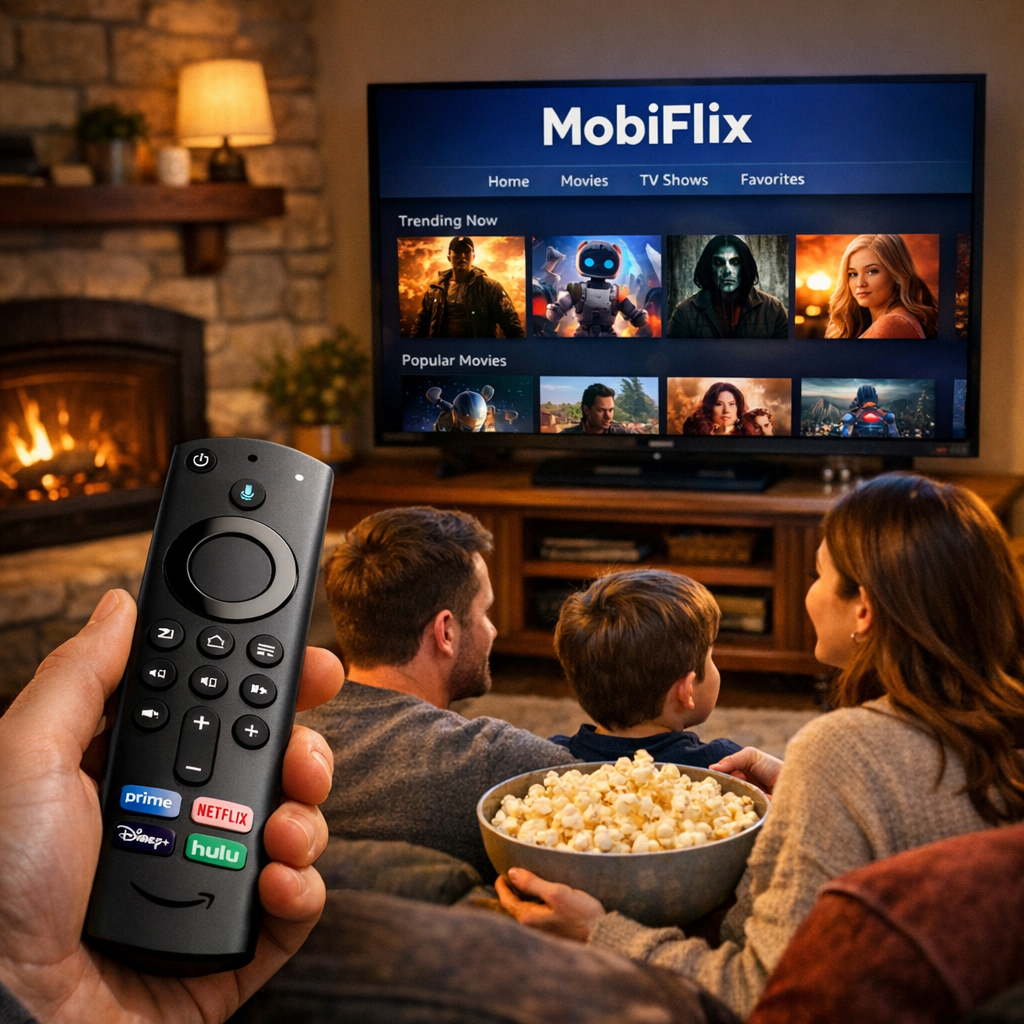 Family watching MobiFlix on TV